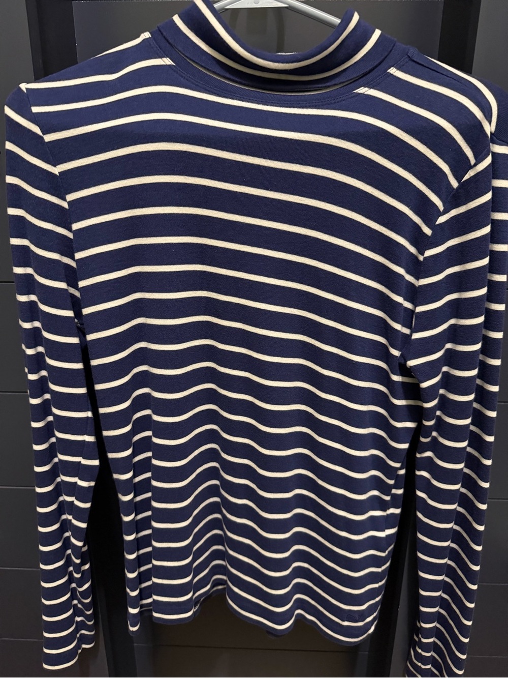 Women’s Navy and White Stripe Mock Neck Sweater